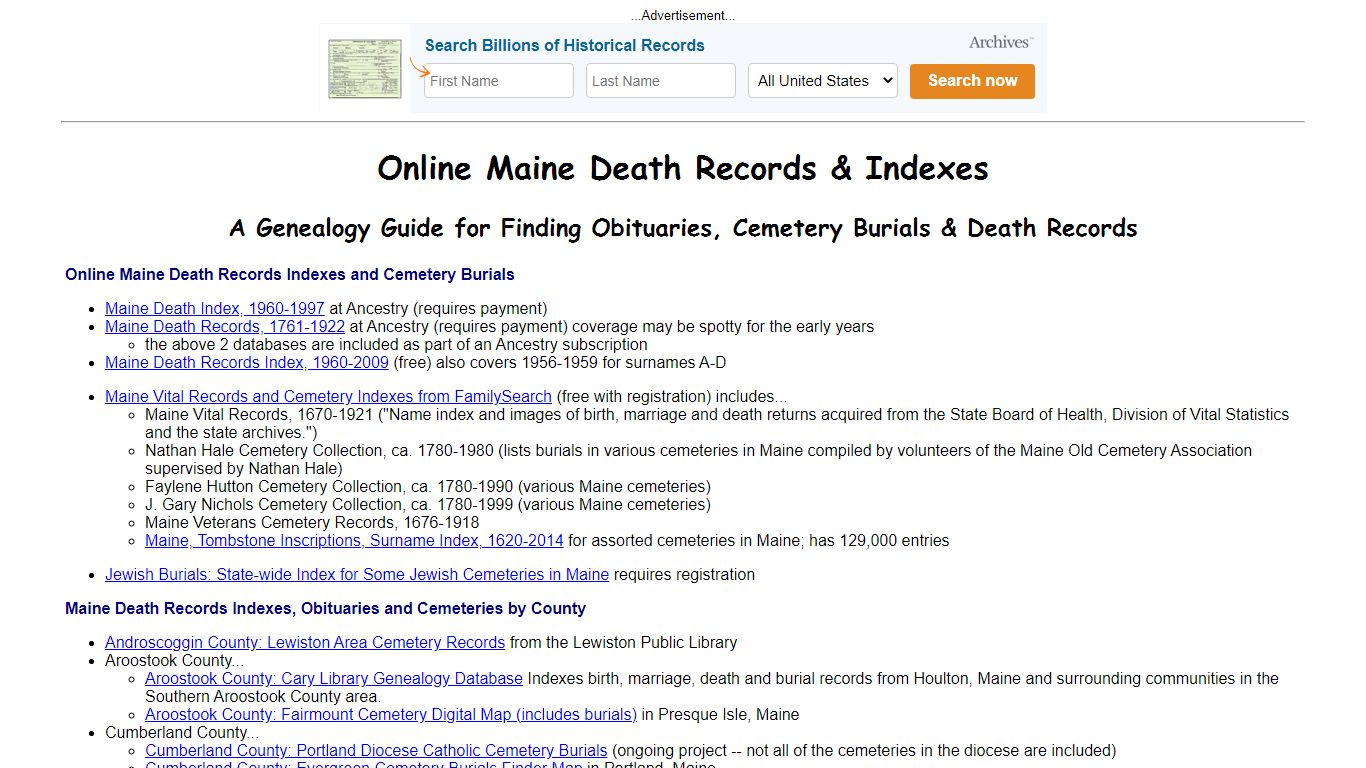 Online Maine Death Records Indexes & Obituaries