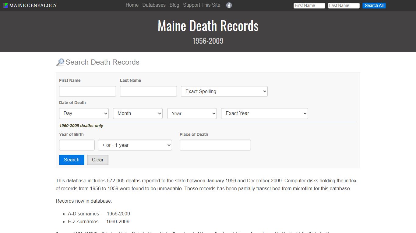 Maine Death Records, 1956-2009 - Maine Genealogy