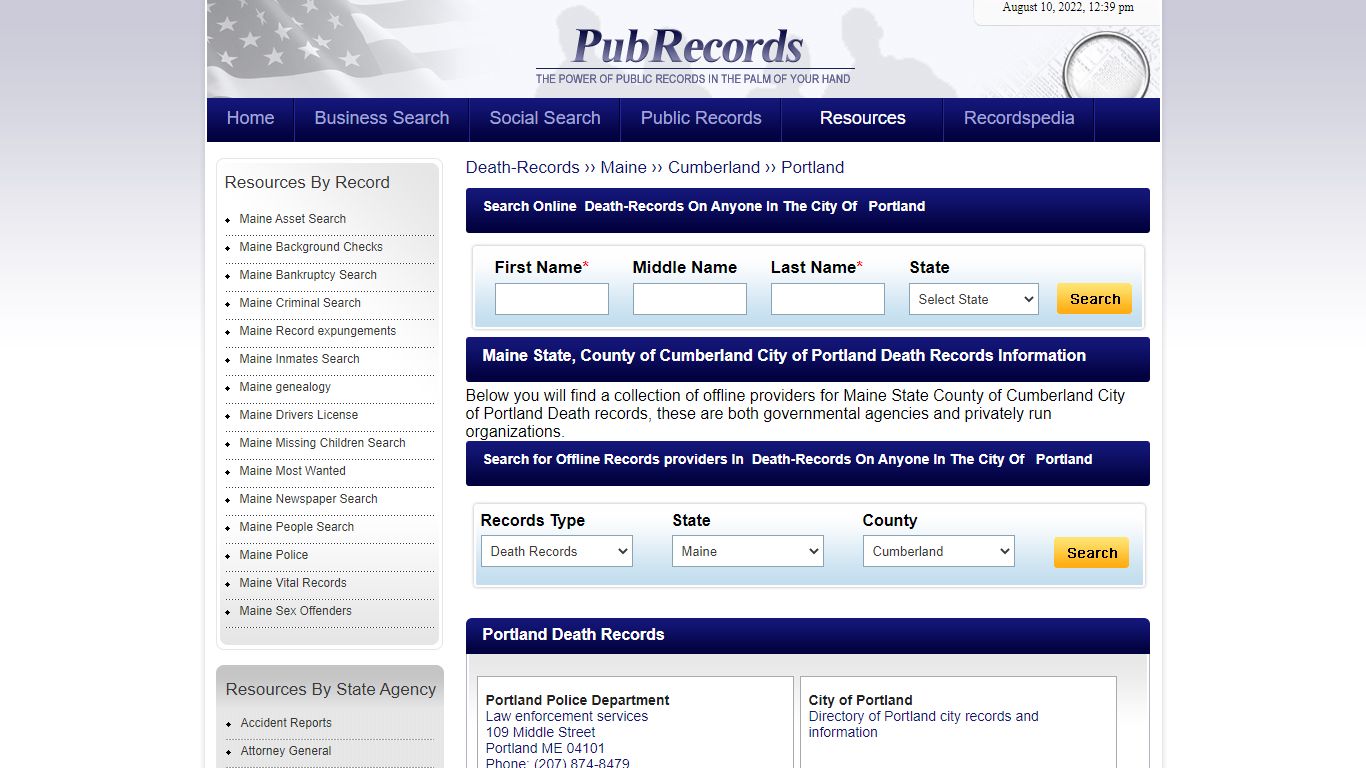 Portland, Cumberland County, Maine Death Records